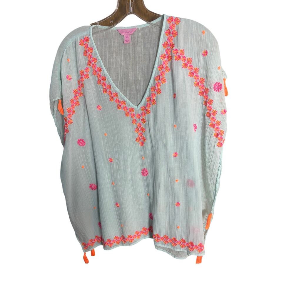 Lily Pulitzer S/M Mint Embroidered Tassel Caftan Beach Cover Up Tunic